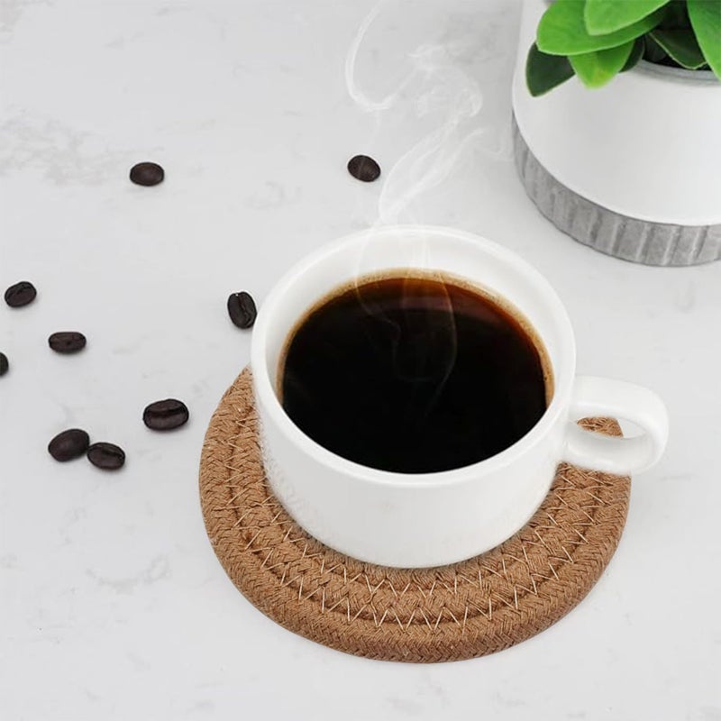 ABenkle 8 Pcs Drink Coasters with Holder  Cotton Woven Absorbent Coasters for Drinks  Minimalist Home Decor Coaster Set for Wooden Tabletop Protection Table  4.3 inches Brown - Image 4